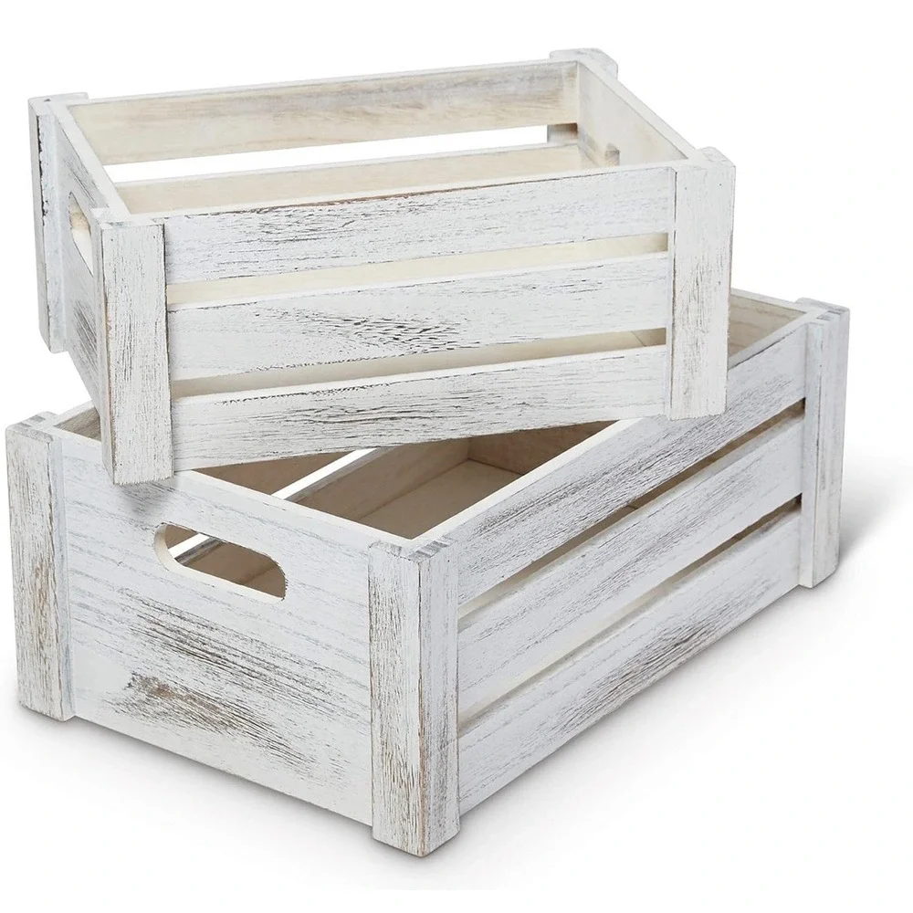 Farmhouse Wooden Crate Set | Whitewashed Nesting Storage Boxes Set of 2